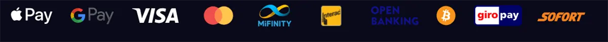 “Row of payment method logos on a dark background: Apple Pay, Google Pay, Visa, Mastercard, MiFinity, Interac, Open Banking, Bitcoin, giropay, and Sofort.”